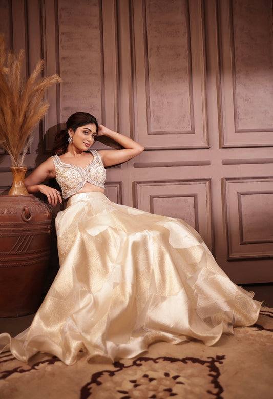 Ivory foil print designer Lehenga