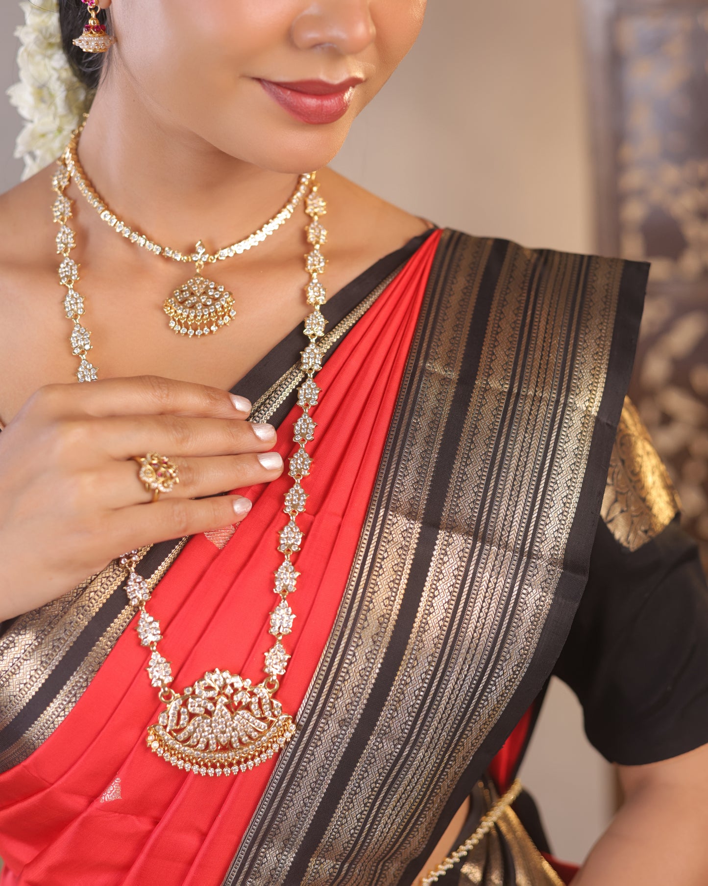 Black and red Kanchivaram Silk Saree with silver Zari
