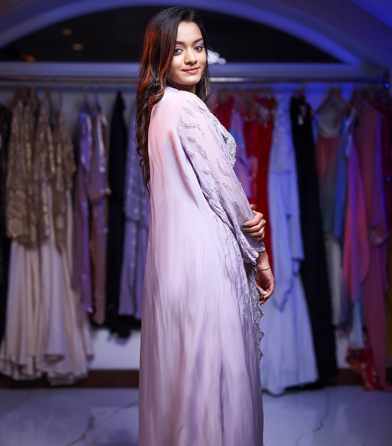 Lavender colour Designer dress with embellished blouse and jacket