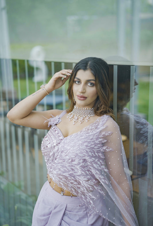 Lilac draped skirt and embellished blouse