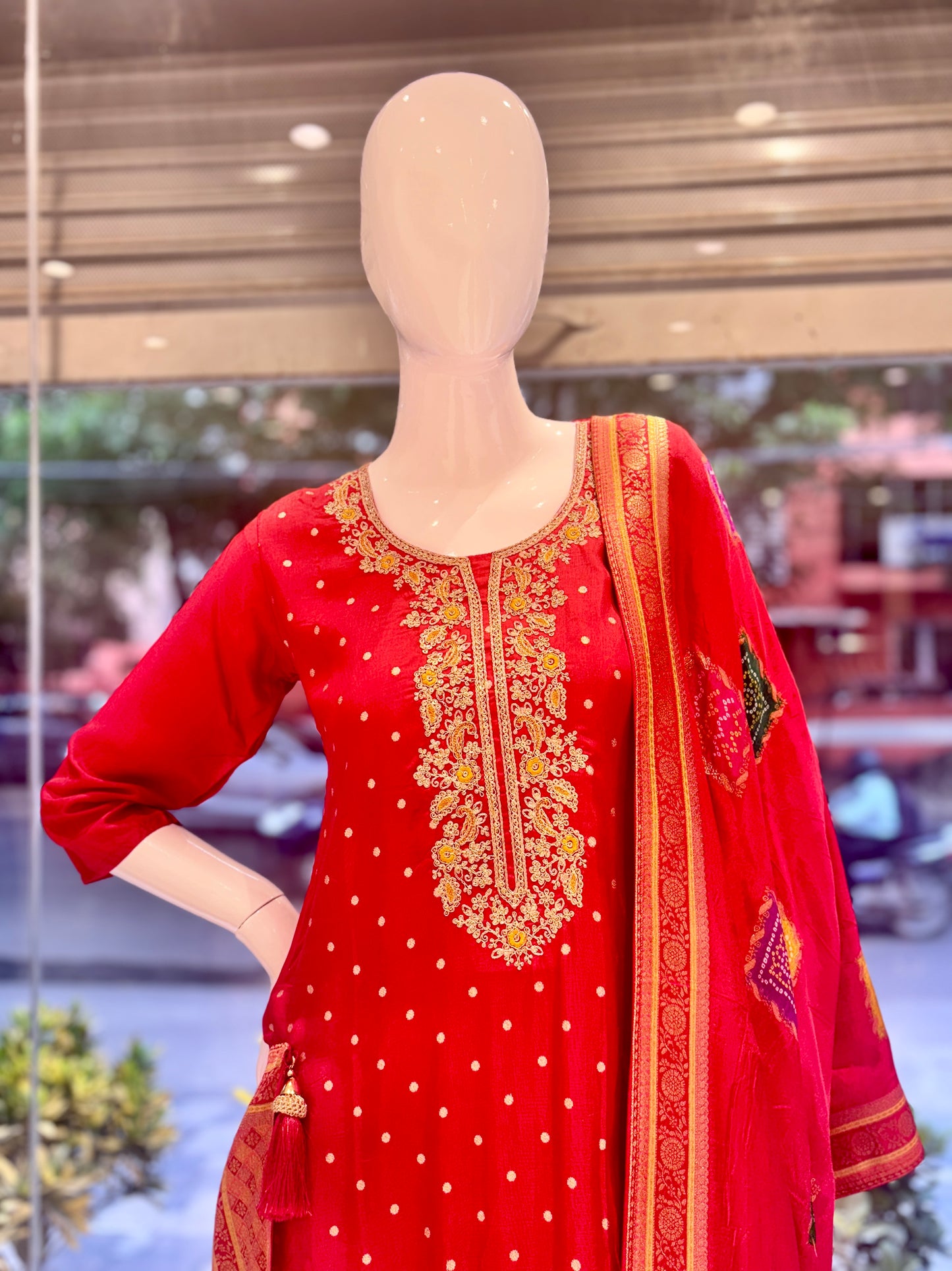 Fiery red Banarasi lehenga with embroidery