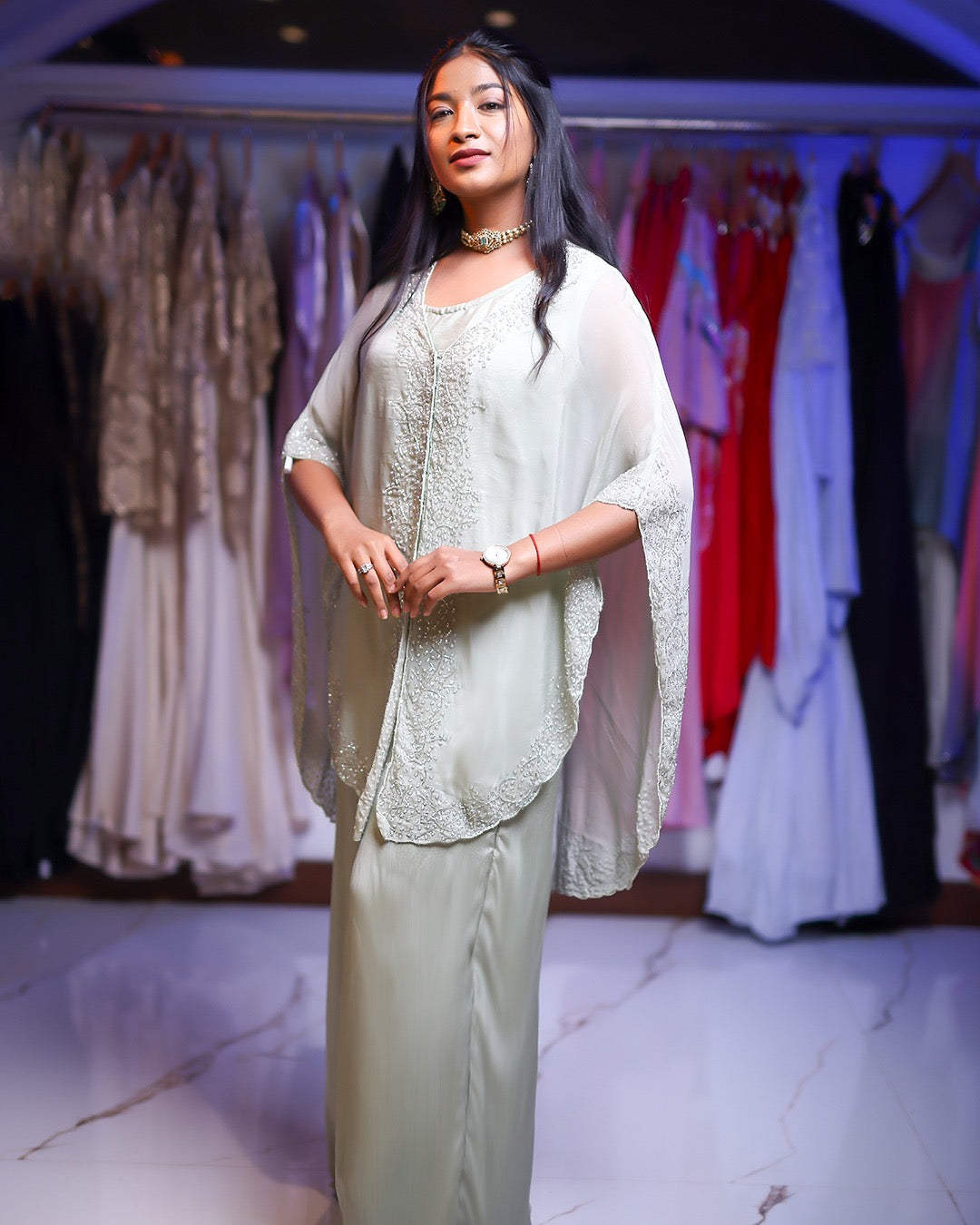 Elegant designer cape dress with palazzo pants in mint green