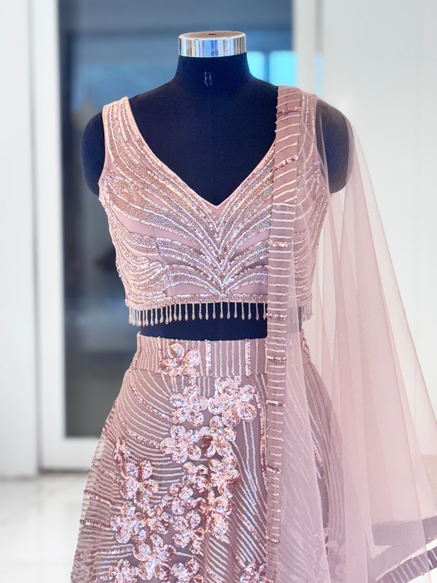 Blush pink sequence lehenga from Meshira.