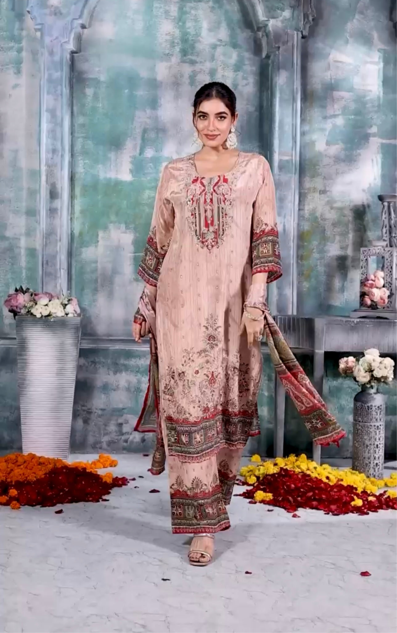 Crepe crème colour embroidered Salwar suit