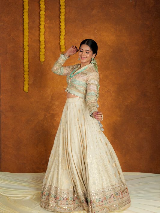 Banarasi lehenga paired with intricately embroidered crop top.
