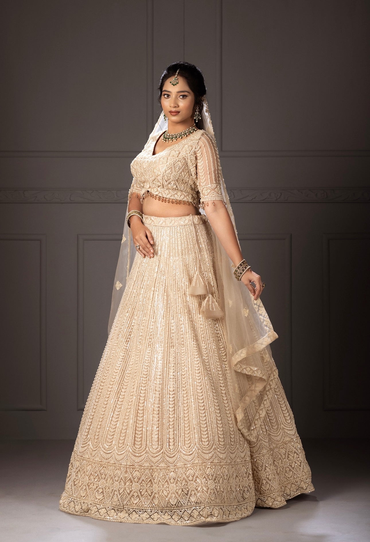 Pearl white lehenga with beaded sequined bridal lehenga