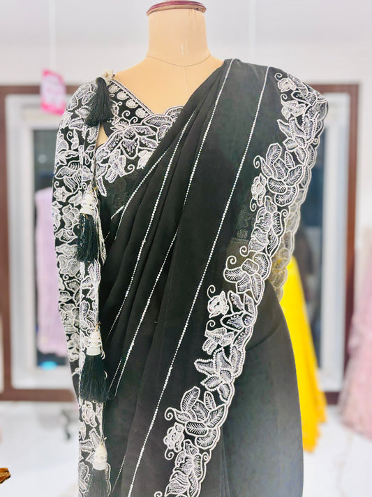 Black Georgette Ready-to-Wear Saree with Ivory Embroidery