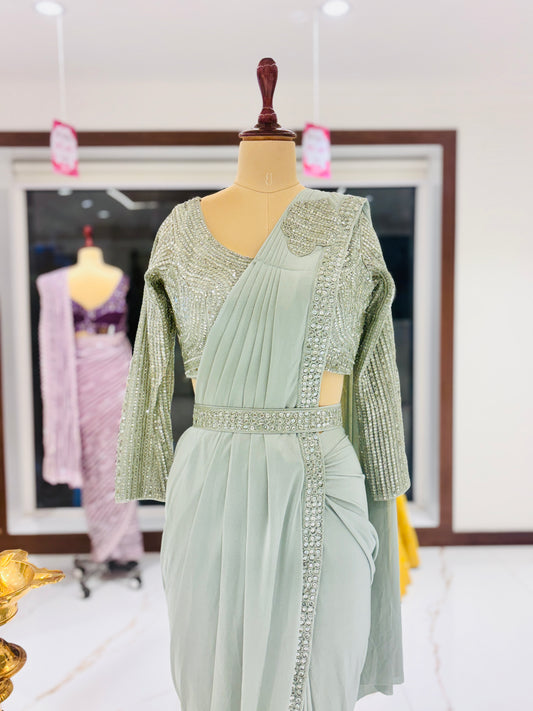 Mint green ready made Saree with embellished blouse