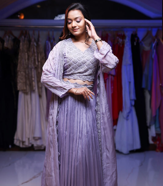 Lavender colour Designer dress with embellished blouse and jacket