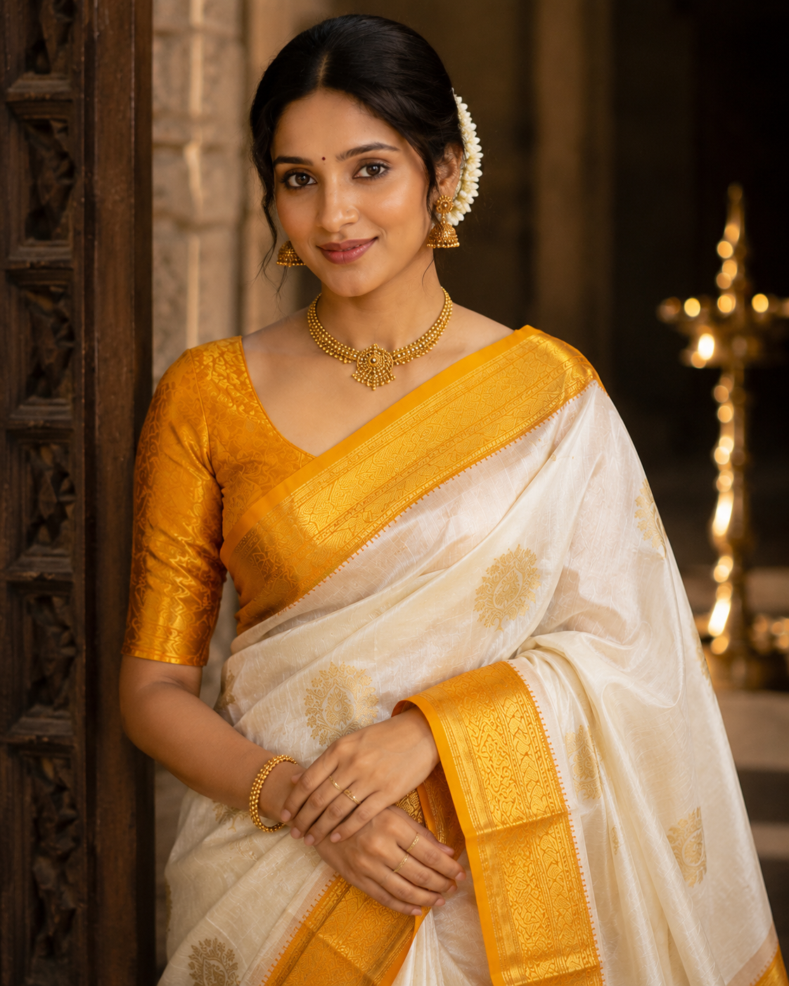 Pure Kanchipuram silk saree in ivory and gold zari