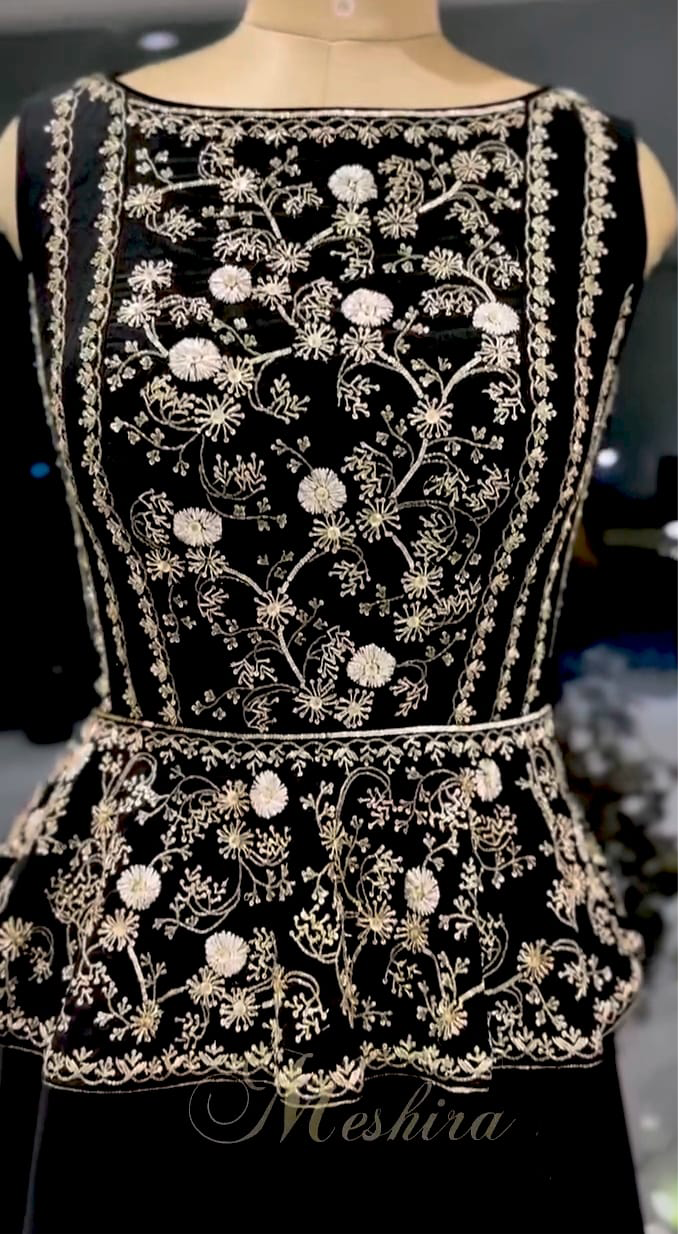 Black Peplum Gown with Ivory Embroidery