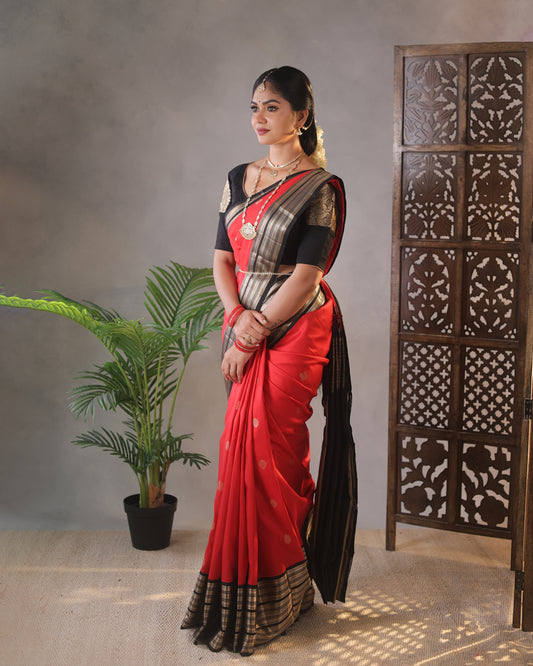 Black and red Kanchivaram Silk Saree with silver Zari