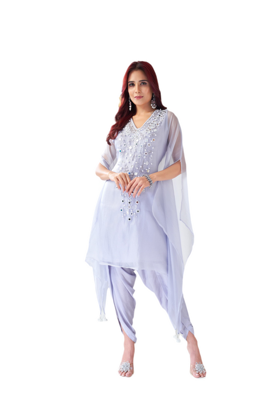 Lilac suit with Dhoti pants and mirror work embroidery.