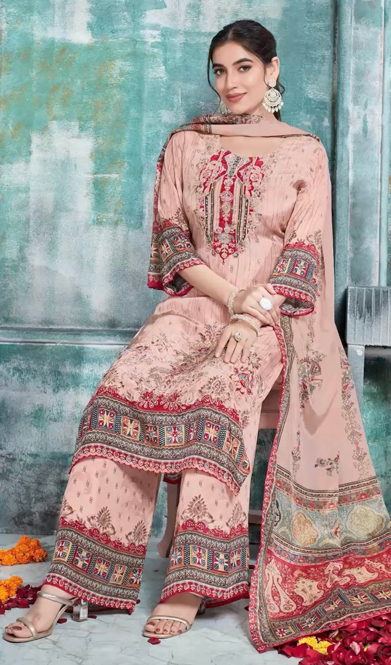 Crepe crème colour embroidered Salwar suit