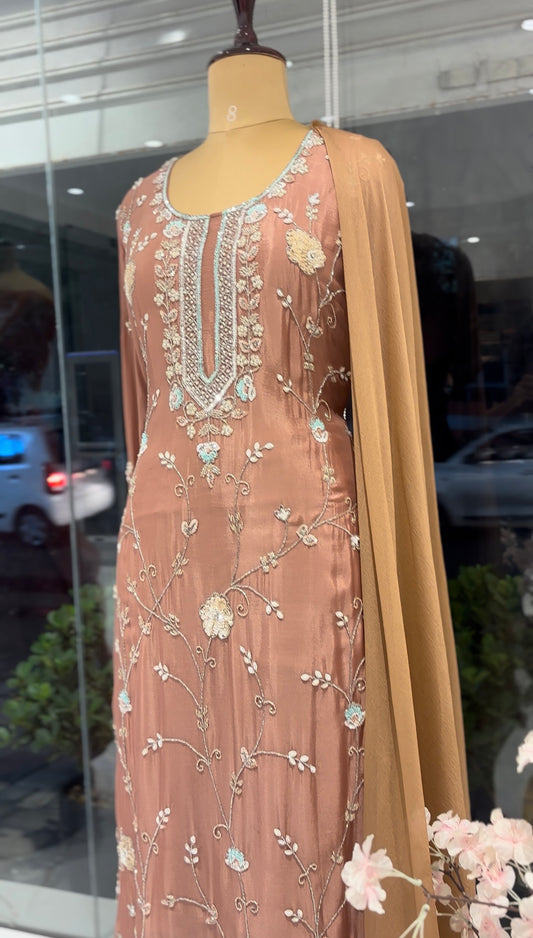 Dusty rose embroidered Salwar suit and palazzo pants