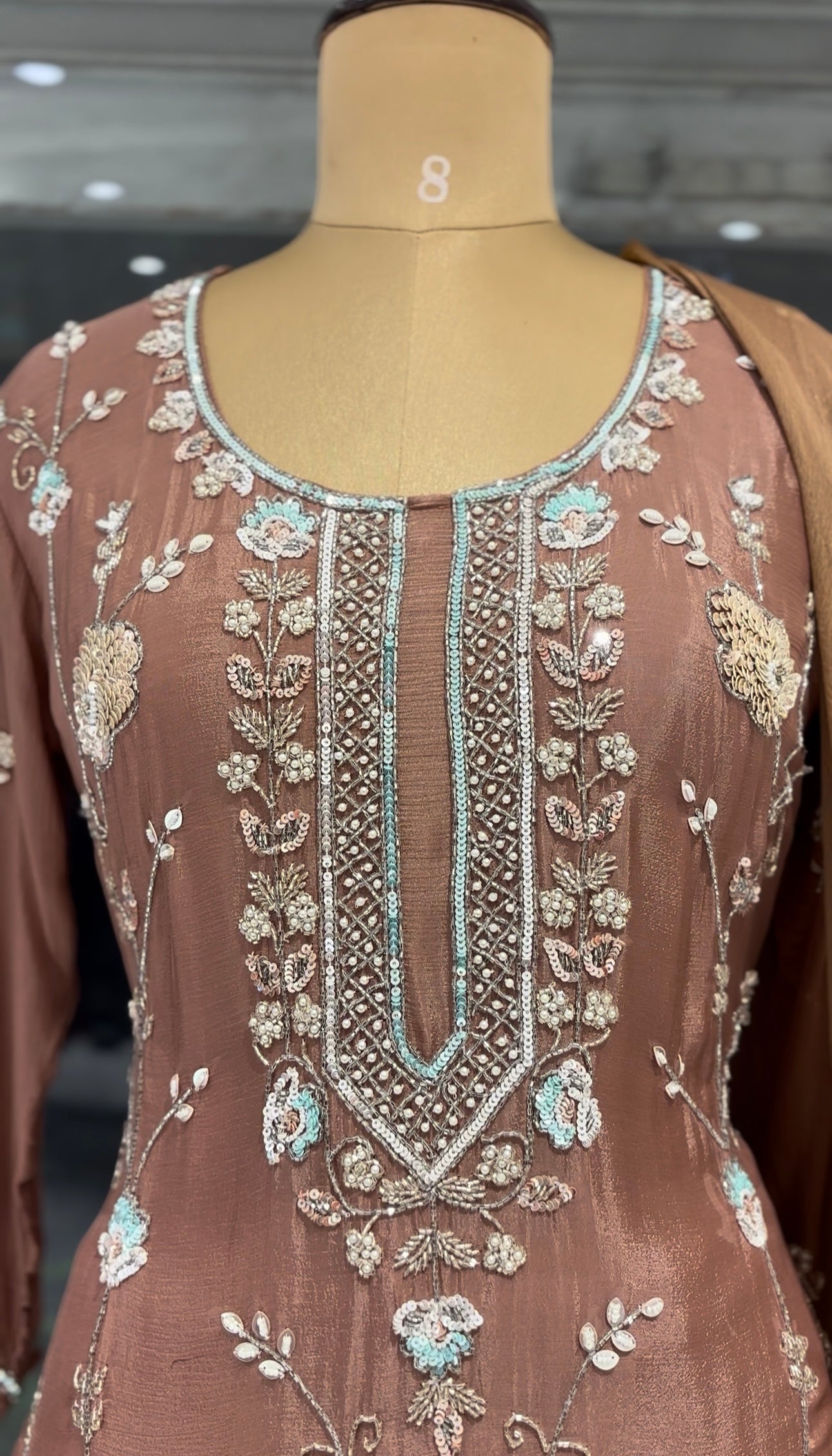 Dusty rose embroidered Salwar suit and palazzo pants