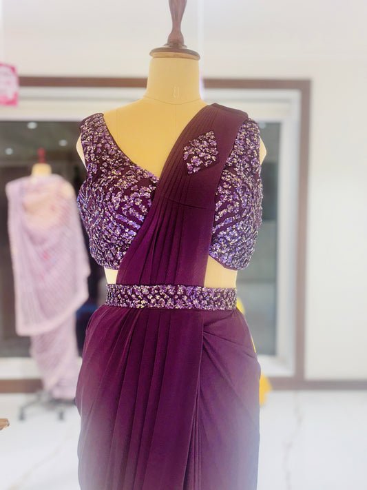 Deep violet drape Saree with sequence, blouse and belt