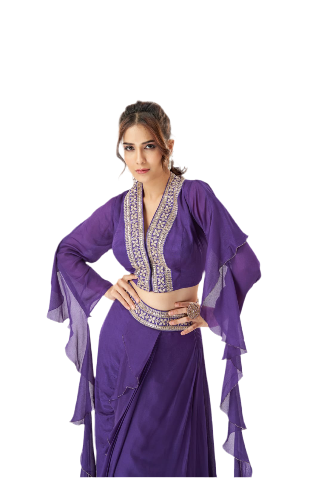 Purple drape ruffle chiffon set from Meshira