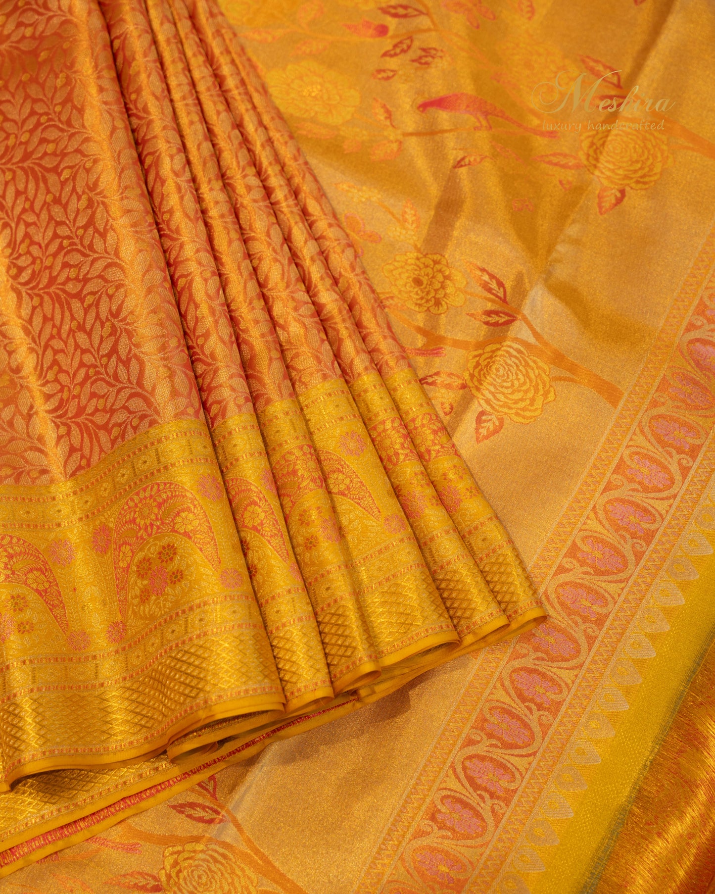 Serene Yellow Kanchivaram Silk Saree with Woven Birds and Blossoms