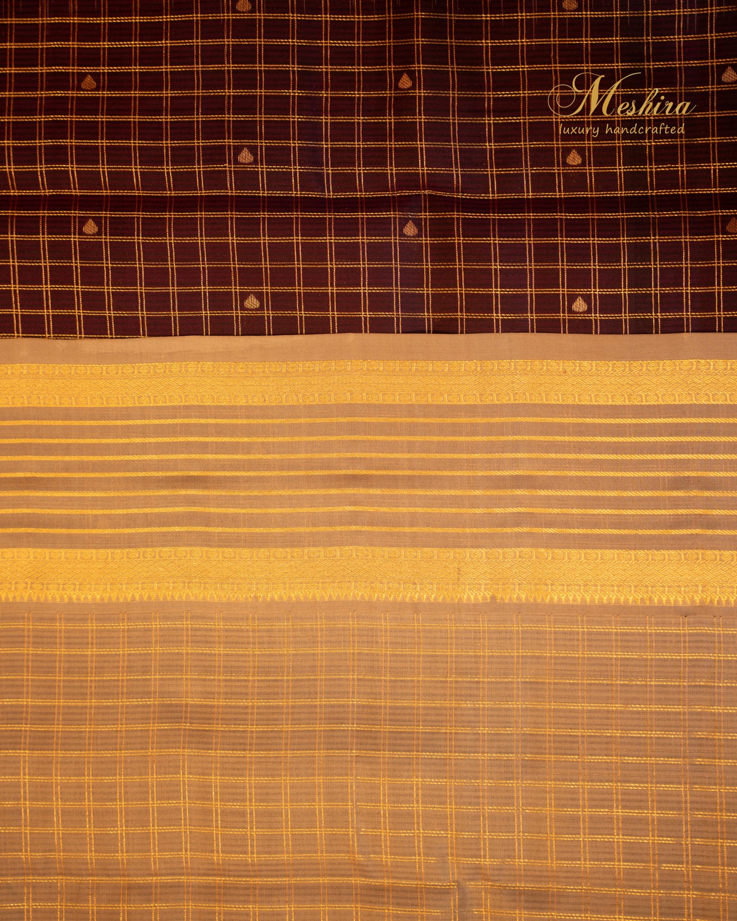 Majestic Maroon Kanchivaram silk saree with Peach-Gold Elegance