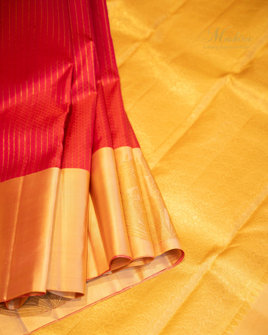 Reddish Peach Kanchipuram Silk Saree with Zari Veldhari Stripes