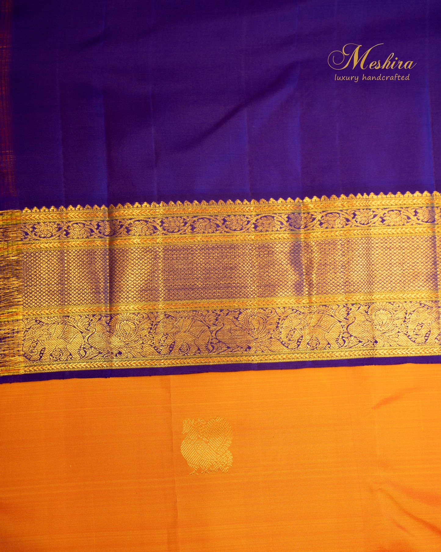 Vibrant Mango Yellow Kanchipuram Silk Saree with Royal Blue and Gold Zari