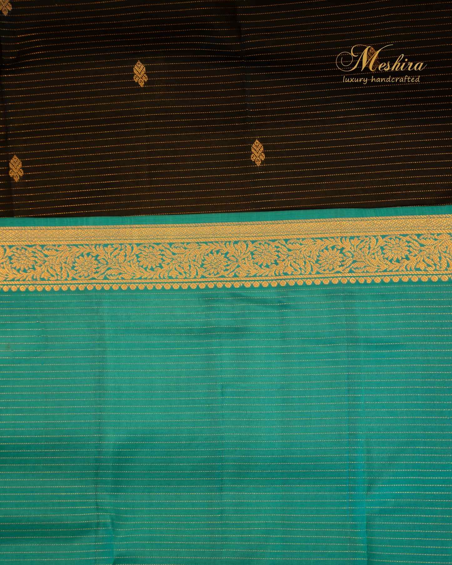 Noir Elegance in Kanchivaram silk saree with Turquoise Zari Brilliance