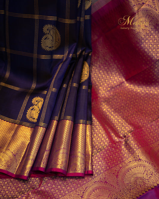 Majestic half and half Kanchivaram silk saree in royal blue and magenta pink