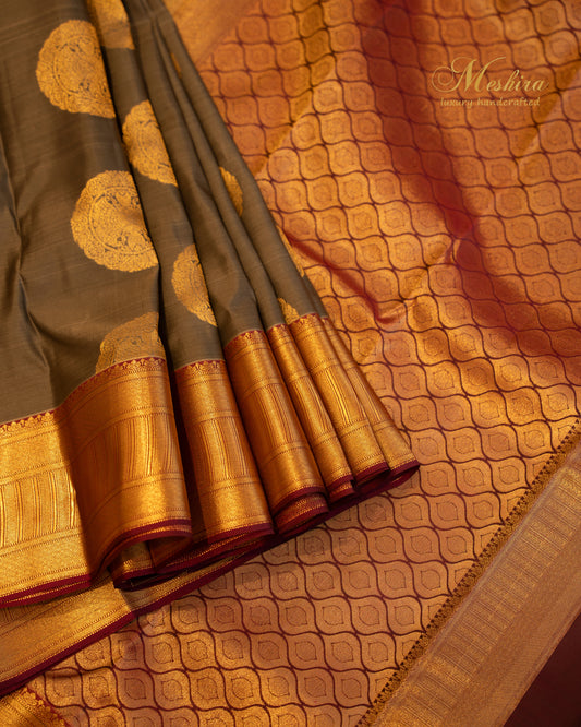 Olive Kanchivaram Silk with Geometric Zari and Radiant Rust Pallu