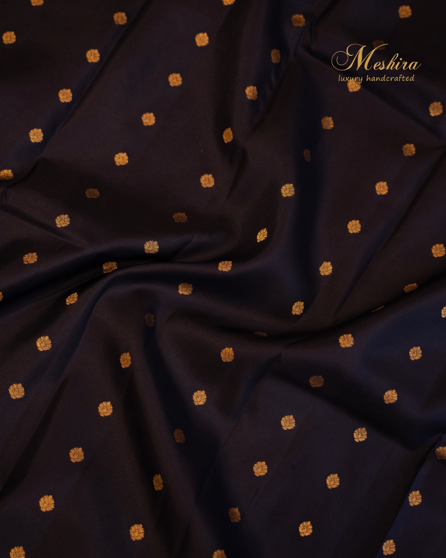 Ink blue Kanchivaram with Gold Buttas and Burnt Orange Brilliance