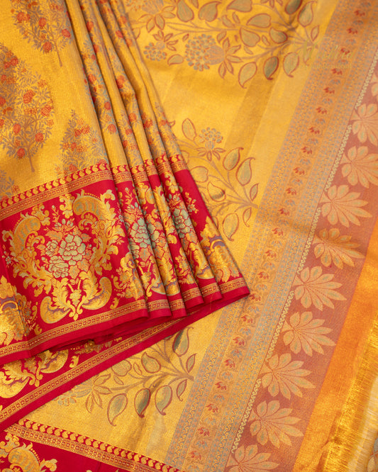 Golden Kanchivaram Silk Saree with Red Brocade and Floral Zari