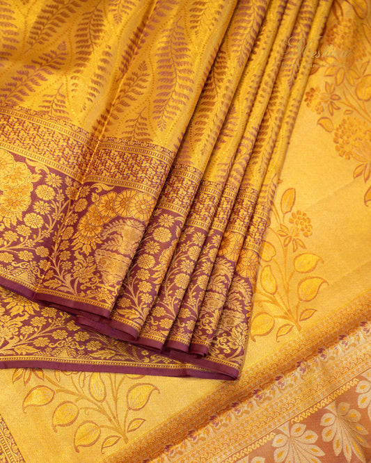 Mustard Kanchivaram Silk saree with Lavender Motifs and plum border