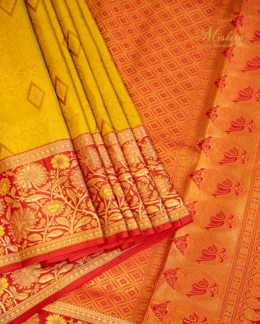 Sunlit Yellow Kanchivaram Silk saree with Coral Zari Elegance