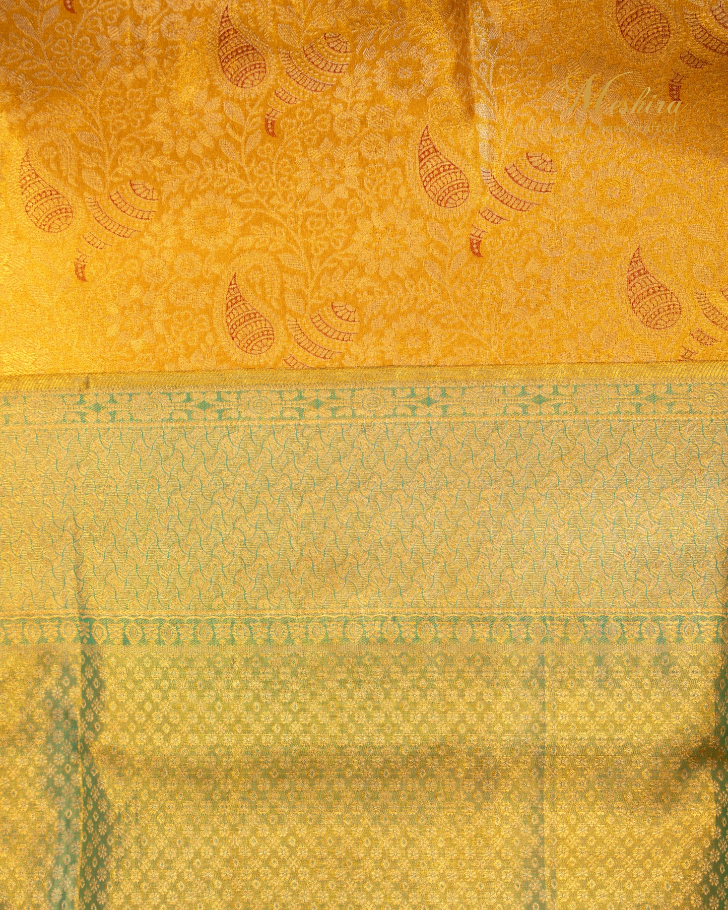 Majestic Mustard Kanchivaram Silk with Antique Green Zari Elegance