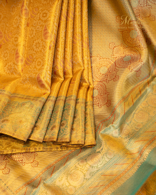 Majestic Mustard Kanchivaram Silk with Antique Green Zari Elegance