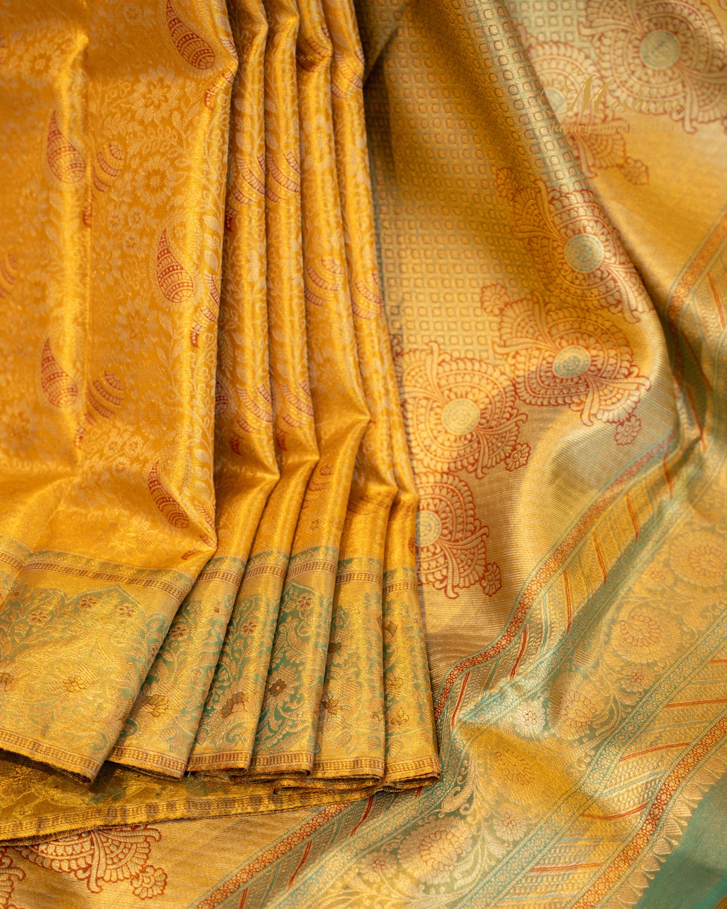 Majestic Mustard Kanchivaram Silk with Antique Green Zari Elegance