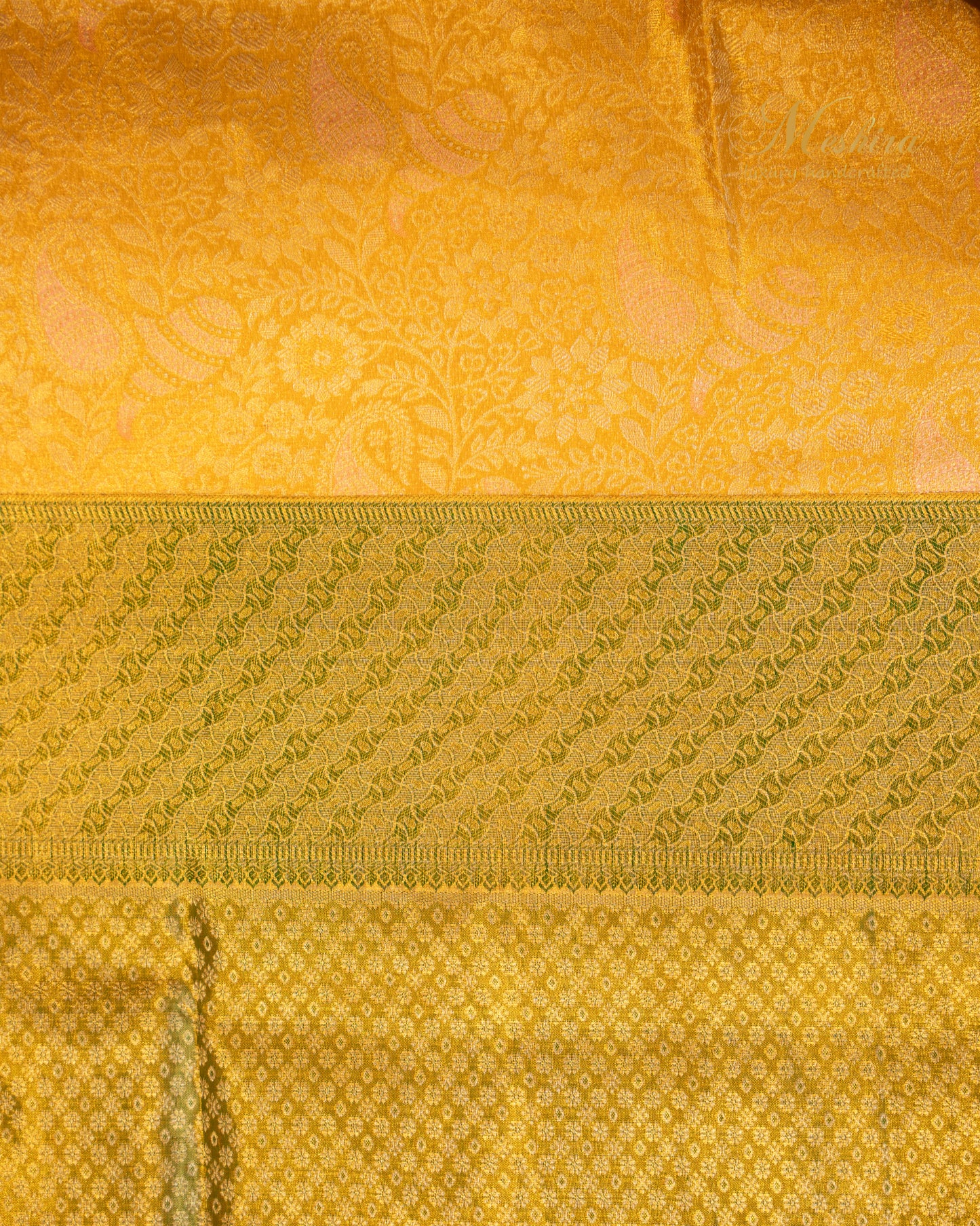 Radiant Marigold Kanchivaram Silk Saree with Olive and Blush Highlights
