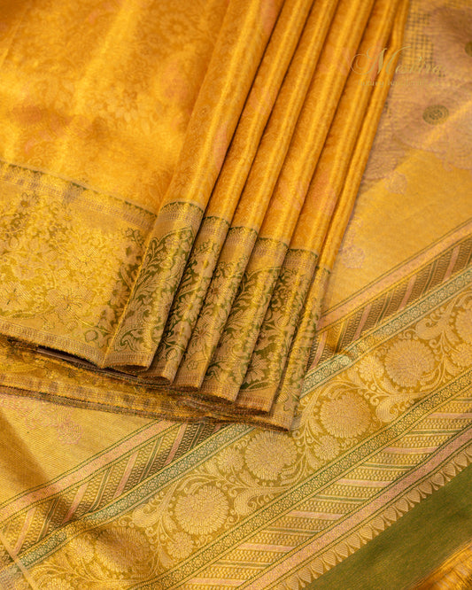 Radiant Marigold Kanchivaram Silk Saree with Olive and Blush Highlights