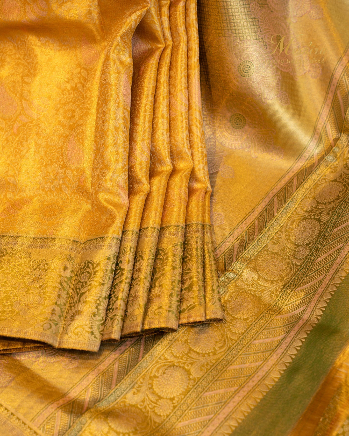 Radiant Marigold Kanchivaram Silk Saree with Olive and Blush Highlights