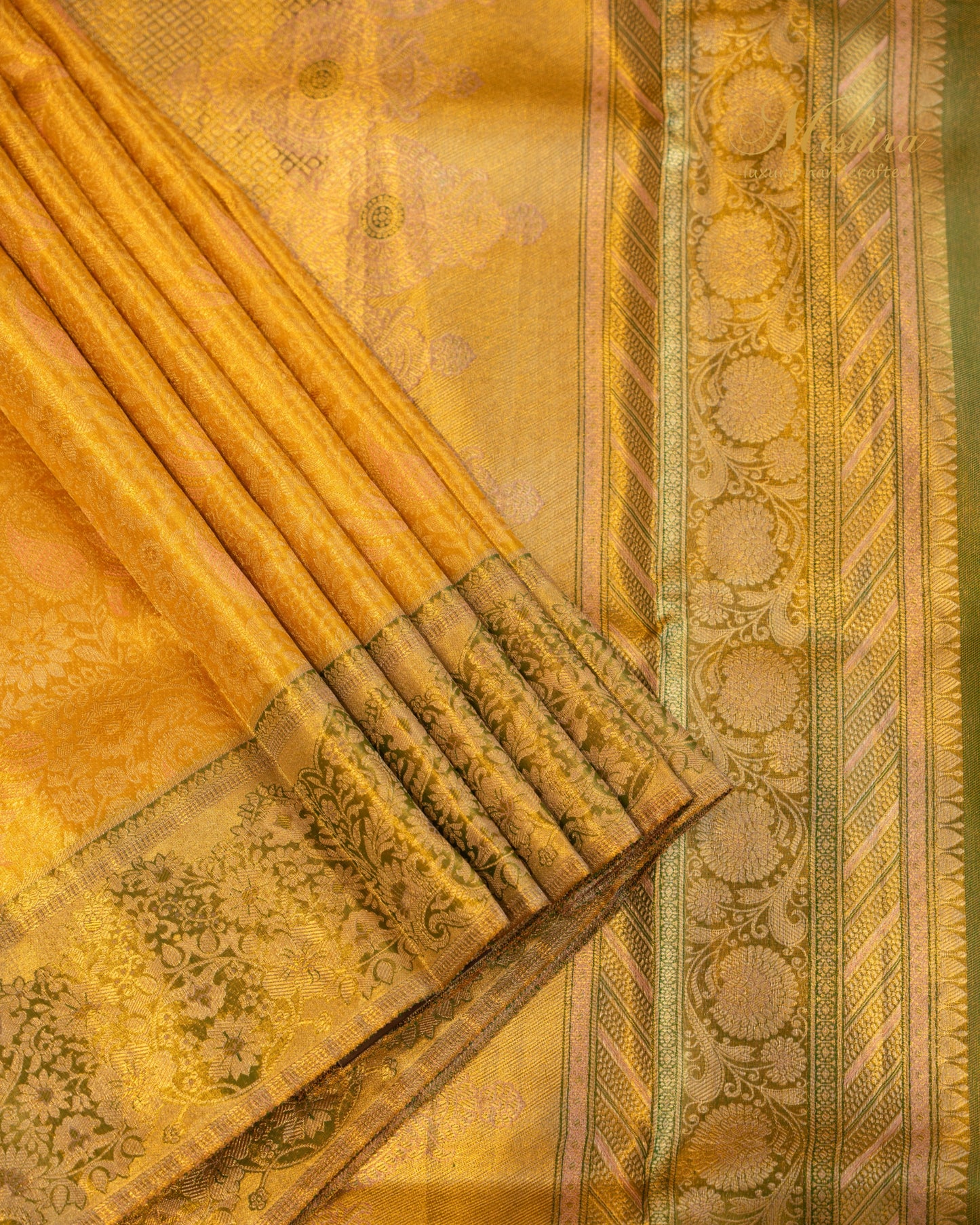 Radiant Marigold Kanchivaram Silk Saree with Olive and Blush Highlights