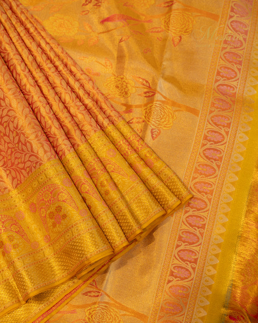 Serene Yellow Kanchivaram Silk Saree with Woven Birds and Blossoms