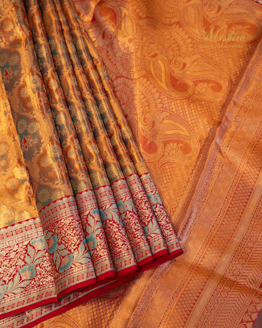 Copper-Orange Kanchivaram Silk Saree with pink Floral Zari Border