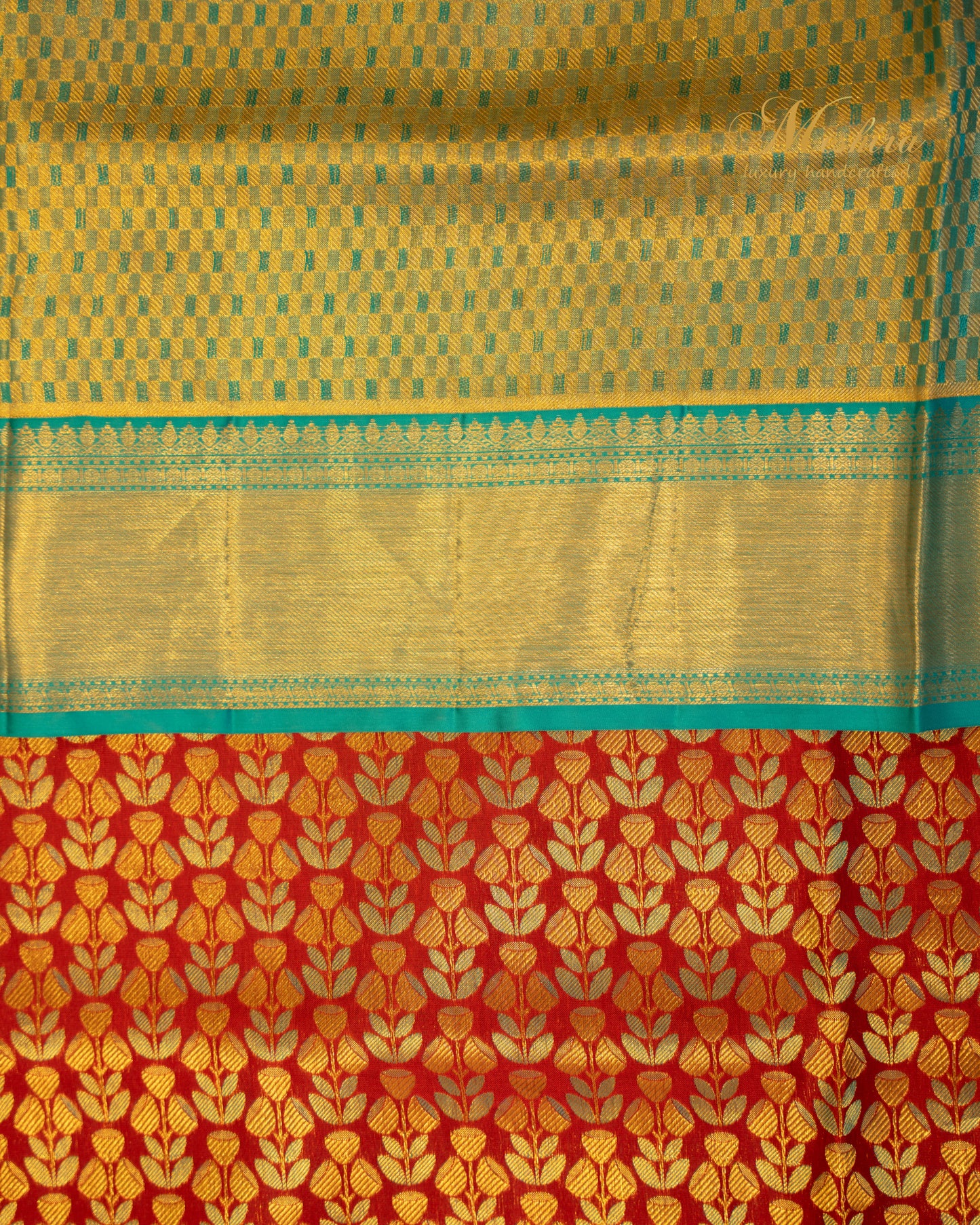 Graceful Teal Kanchivaram Silk Saree with Ruby Accents and Zari Shine