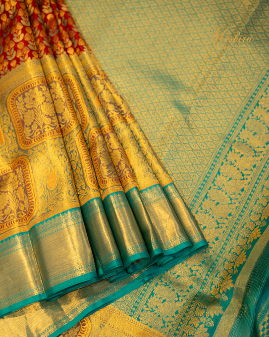 Graceful Teal Kanchivaram Silk Saree with Ruby Accents and Zari Shine