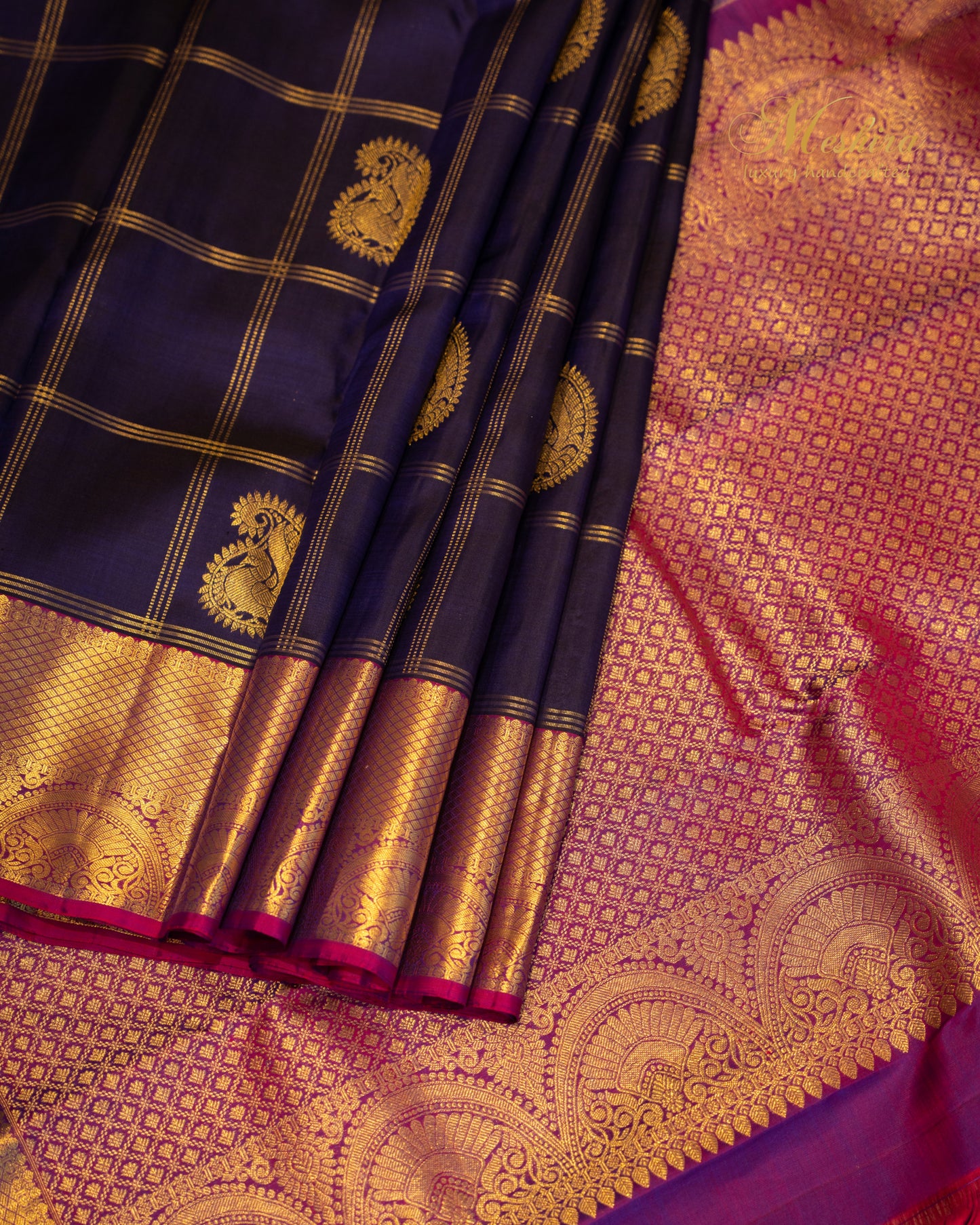 Majestic half and half Kanchivaram silk saree in royal blue and magenta pink