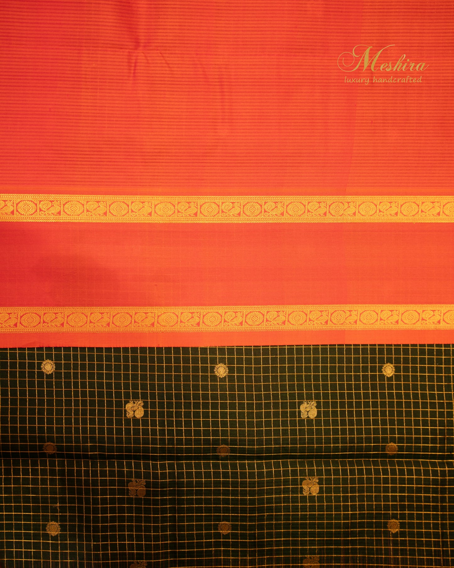 Radiant green Kanchivaram Silk Saree with a Striking Fiery Orange Pallu