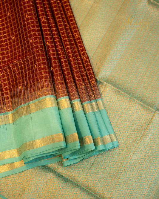 Exquisite Crimson Kanchivaram silk saree with Aqua-Gold Border Symphony