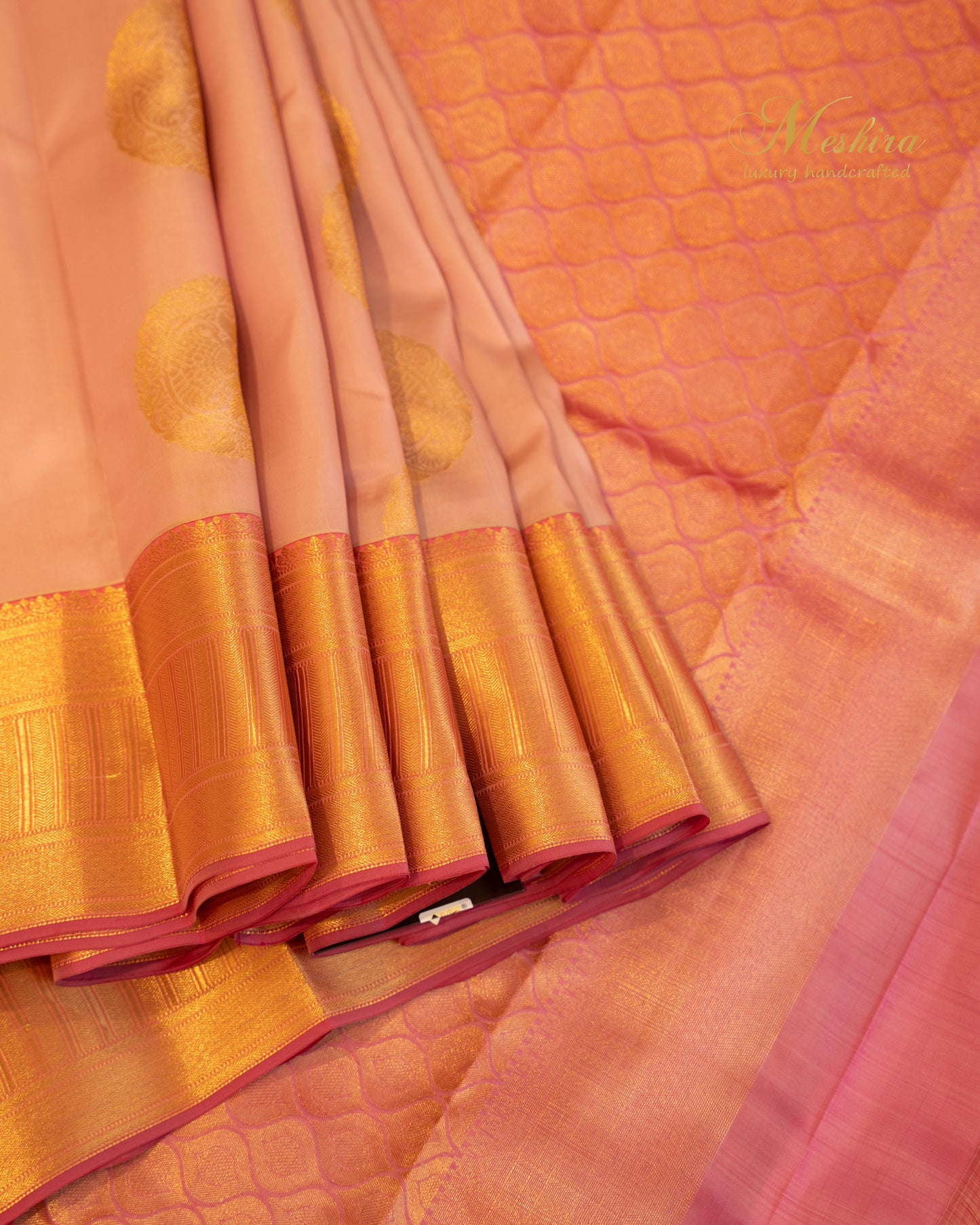 Blush Pink Kanchivaram Silk with Golden Motifs and pink Zari Pallu