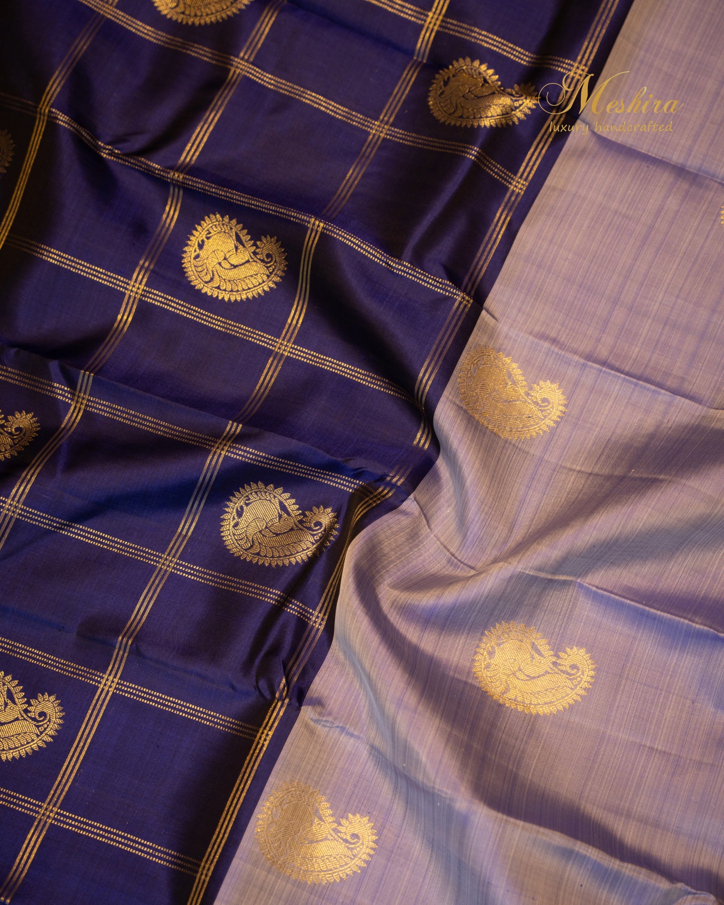 Majestic half and half Kanchivaram silk saree in royal blue and magenta pink