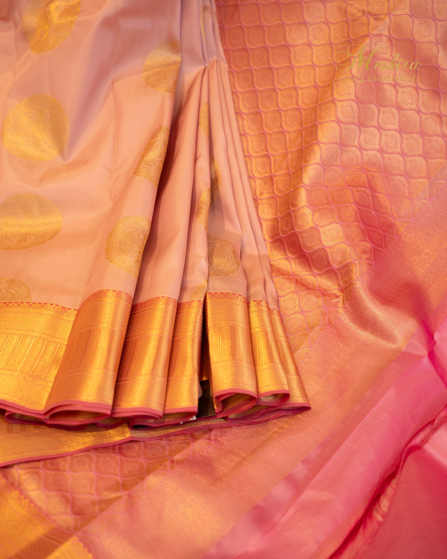 Blush Pink Kanchivaram Silk with Golden Motifs and pink Zari Pallu
